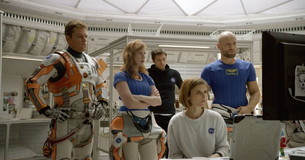 The crew of the Ares III. From left to right - Matt Damon (as Mark Watney), Jessica Chastain (Melissa Lewis), Sebastian Stan (Chris Beck), Kate Mara (Beth Johansson) and Aksel Hennie (Alex Vogel).