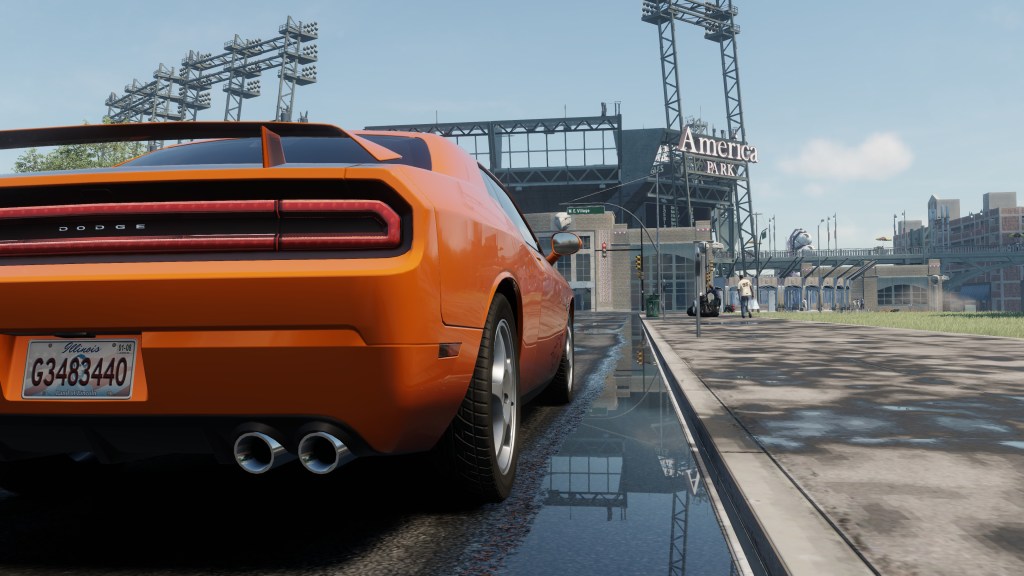 Some nice use of reflections can be seen along the car and also in the water by the roadside gutter.